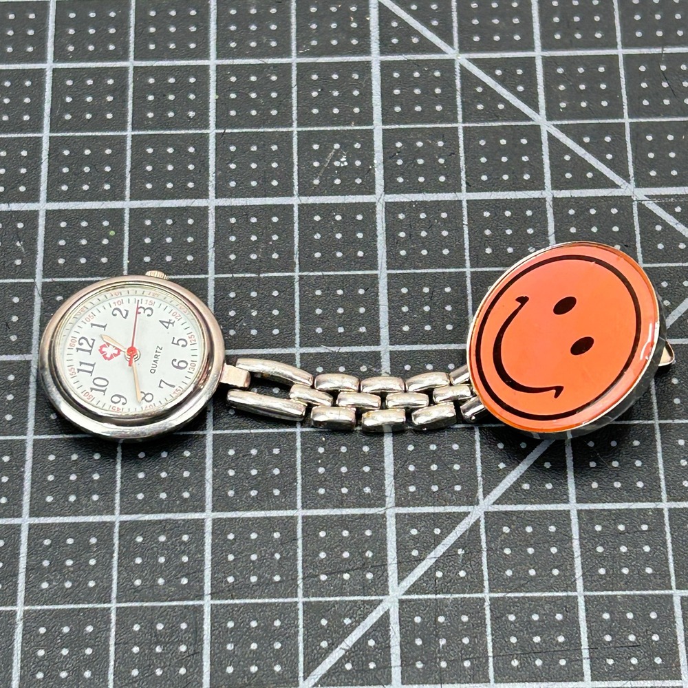 Smiley Face Nurse Lapel Fob Watch Silver Tone Medical Clip On Quartz Analog